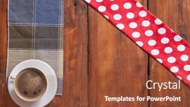  Presentation with table napkin - Slides with white cup of coffee with colorful napkin on old wooden table top view point background and a tawny brown colored foreground