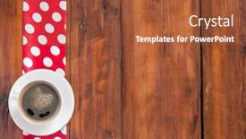  Presentation with table napkin - Colorful theme enhanced with white cup of coffee with colorful napkin on old wooden table top view point backdrop and a red colored foreground