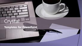  Presentation with black business - Beautiful PPT theme featuring white cup with black coffee at business workplace backdrop and a gray colored foreground