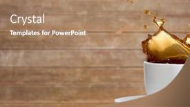  Presentation with wood panel - Cool new theme with white cup with coffee splashing against blurry wood panel backdrop and a coral colored foreground