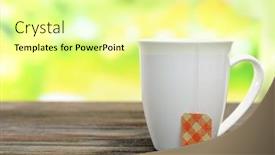  Presentation with tea cup - Colorful theme enhanced with white cup with tea bag on wooden table close up backdrop and a blonde colored foreground