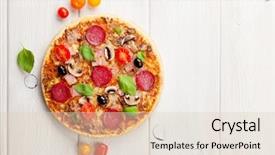  Presentation with italian - Slides having white desk - italian pizza with pepperoni tomatoes background and a lemonade colored foreground