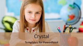  Presentation with child girl reading a book - PPT theme consisting of white desk and reading book background and a coral colored foreground