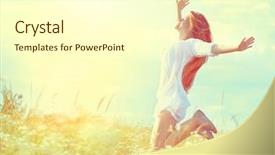  Presentation with free nature - Audience pleasing PPT theme consisting of white dress jumping on summer backdrop and a cream colored foreground