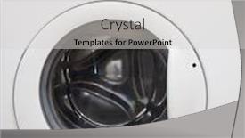  Presentation with drum - Audience pleasing theme consisting of white drum washing machine with dials and opening on front backdrop and a light gray colored foreground