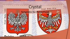  Presentation with stamps - Theme with white eagle on red national emblem of poland in two old 1992 canceled post stamps with air mail envelope background - modern and xv century versions background and a coral colored foreground