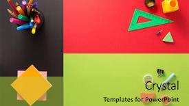  Presentation with education supplies - Theme featuring white education - school supplies at abstract colorful background and a yellow colored foreground