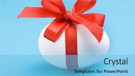  Presentation with blue ribbon - Amazing slide deck having white egg wrapped around with red ribbon bow over blue background backdrop and a light blue colored foreground