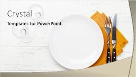 Presentation with table napkin - Amazing PPT layouts having white-empty-plate-fork-knife backdrop and a sky blue colored foreground