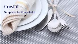  Presentation with spoon - Cool new presentation design with white empty plates with fork spoon and knife tied with a ribbon on a grey tablecloth backdrop and a sky blue colored foreground