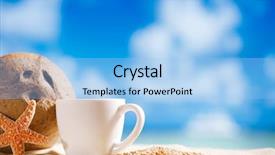  Presentation with seashell - PPT theme consisting of white espresso coffee cup with ocean seashell beach and seascape shallow dof background and a light blue colored foreground