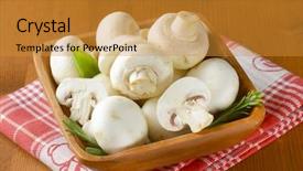  Presentation with button mushroom fresh mushroom - PPT theme featuring white fresh mushrooms with herbs background and a gold colored foreground