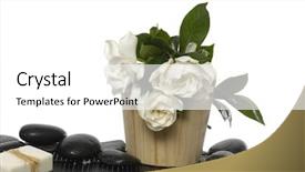  Presentation with soap - Slide deck featuring white gardenia flowers in wooden bowl with pebble and soap on mat background and a white colored foreground