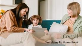  Presentation with tablet - PPT theme featuring white-girl-using-tablet-computer background and a coral colored foreground