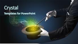  Presentation with illusionist - Slide deck enhanced with illusionist hand starts to conjure with white glove and magic wand background and a tawny brown colored foreground