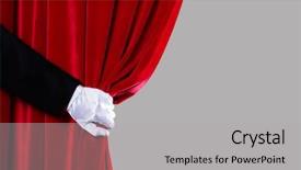  Presentation with theater - Cool new PPT theme with white glove open the curtain backdrop and a light gray colored foreground