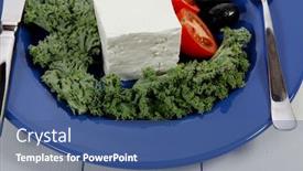  Presentation with blue cheese - Slides featuring white goat feta cheese with black olives and tomatoes on blue plate over wooden table background and a ocean colored foreground