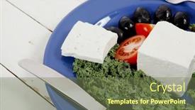  Presentation with blue cheese - Theme featuring white goat feta cheese with black olives and tomatoes on blue plate over wooden table background and a violet colored foreground