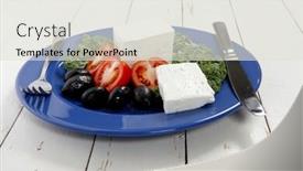  Presentation with blue cheese - PPT theme consisting of white goat feta cheese with black olives and tomatoes on blue plate over wooden table background and a light gray colored foreground