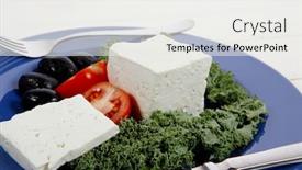  Presentation with blue cheese - Slides consisting of white goat feta cheese with black olives and tomatoes on blue plate over wooden table background and a white colored foreground