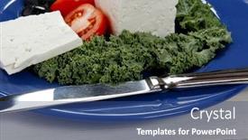  Presentation with blue cheese - Slides featuring white goat feta cheese with black olives and tomatoes on blue plate over wooden table background and a ocean colored foreground