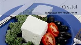  Presentation with blue cheese - Cool new presentation theme with white goat feta cheese with black olives and tomatoes on blue plate over wooden table backdrop and a teal colored foreground