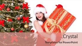 Presentation with golden christmas trumpet and red - Presentation design enhanced with white gold globe - christmas girl in santa hat background and a  colored foreground