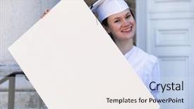  Presentation with blank album frames - Slides enhanced with white graduation - happy graduate holding a blank background and a  colored foreground
