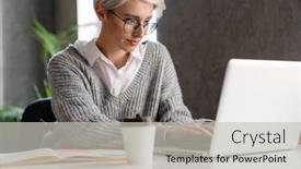  Presentation with coffee - Amazing slide set having white-haired-focused-woman-drinking backdrop and a light gray colored foreground