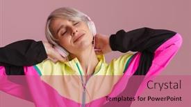  Presentation with purple wall - Cool new PPT theme with white-haired-woman-listening-music backdrop and a coral colored foreground