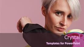  Presentation with purple wall - Colorful presentation theme enhanced with white-haired-woman-posing backdrop and a wine colored foreground