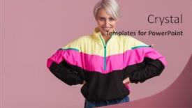  Presentation with purple wall - Slide set having white-haired-woman-wearing-multicolored background and a coral colored foreground