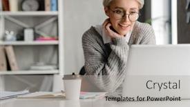  Presentation with working - Presentation design with white-haired-young-woman-smiling background and a light gray colored foreground