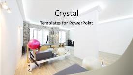  Presentation with pilates - Cool new slides with white hall with modern equipment for pilates training - fitballs and trainers backdrop and a sky blue colored foreground