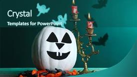  Presentation with white candles - Slides featuring white halloween pumpkin and candles on wooden table on dark color background background and a ocean colored foreground
