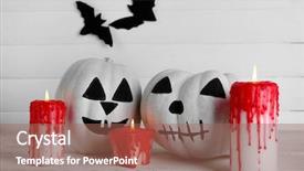  Presentation with white candles - Cool new slide deck with white halloween pumpkins candles and candies on color wooden background backdrop and a violet colored foreground