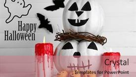  Presentation with white candles - Slide deck with white halloween pumpkins candles and candies on white wooden background background and a coral colored foreground