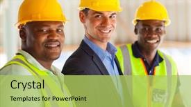  Presentation with construction - Beautiful presentation design featuring white hat - group of cheerful professional construction backdrop and a yellow colored foreground