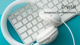  Presentation with headphones - Colorful slide deck enhanced with white headphones and computer keyboard backdrop and a  colored foreground