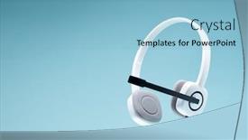  Presentation with headphones - Amazing presentation design having white-headphones-with-microphone-isolated backdrop and a light blue colored foreground