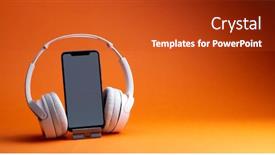 Presentation with music headphones - Beautiful PPT layouts featuring white-headphones-with-smartphone-mockup backdrop and a crimson colored foreground