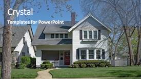  Presentation with poster on white wall above - Audience pleasing slides consisting of white home with curved walk backdrop and a teal colored foreground