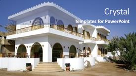  Presentation with hotel - Presentation design enhanced with white-hotel-on-the-sea background and a ocean colored foreground