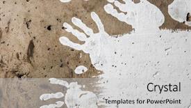  Presentation with grungy white concrete wall - PPT theme featuring white imprints of human hands background and a  colored foreground