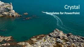  Presentation with green blue waves - Audience pleasing presentation theme consisting of white inflatable motorized rubber dinghy is drifting over green-blue sea waves backdrop and a ocean colored foreground