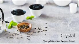  Presentation with green tea - Audience pleasing PPT theme consisting of white iron asian teapot backdrop and a light gray colored foreground