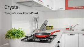  Presentation with kitchen design - PPT layouts enhanced with white kitchen in apartment premium background and a light gray colored foreground