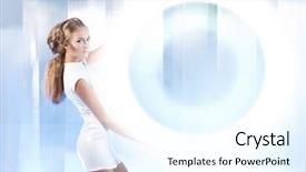  Presentation with white and black woman climbing ladders - Audience pleasing presentation theme consisting of white latex costume with futuristic backdrop and a cool aqua colored foreground