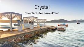  Presentation with beds - Colorful PPT theme enhanced with white luxury beds at mirabello bay on crete greece backdrop and a light blue colored foreground