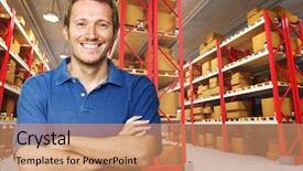  Presentation with warehouse - Amazing PPT theme having white man 3d - smiling young worker in 3d backdrop and a coral colored foreground